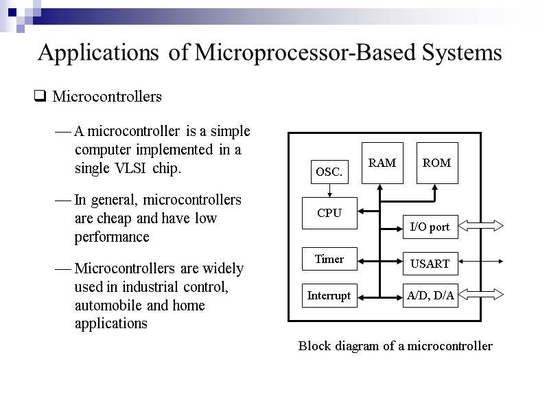 Applications of Microprocessor-Based Systems  Microcontrollers  Block diagram of a microcontroller  In